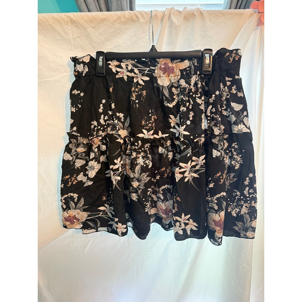 Women Black Floral Tiered Ruffle Mini Skirt Paperbag Waist‎ Plus Size 2XL